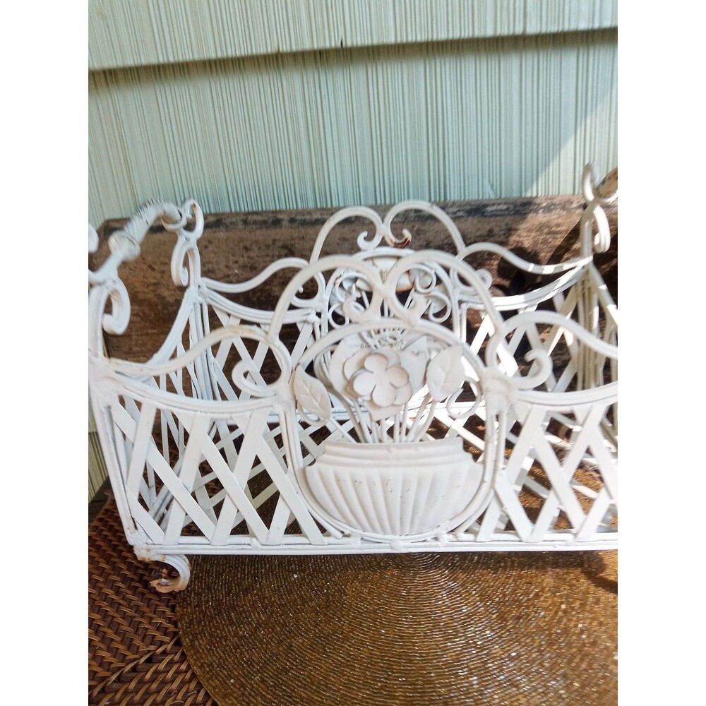 Wrought Iron Planter, Ornate Scrollwork, 1920's Antique, White 24x7, two 6" pots - Picture 2 of 15